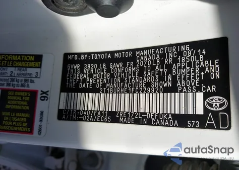 2015 Toyota Corolla L from USA, damaged, VIN 2T1BURHE1FC229920